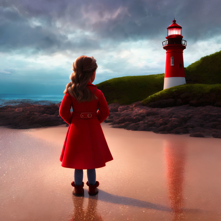 Girl in Red Coat on Beach at Dusk with Lighthouse Reflection