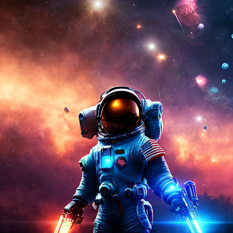 Detailed astronaut suit floating in vibrant space scene