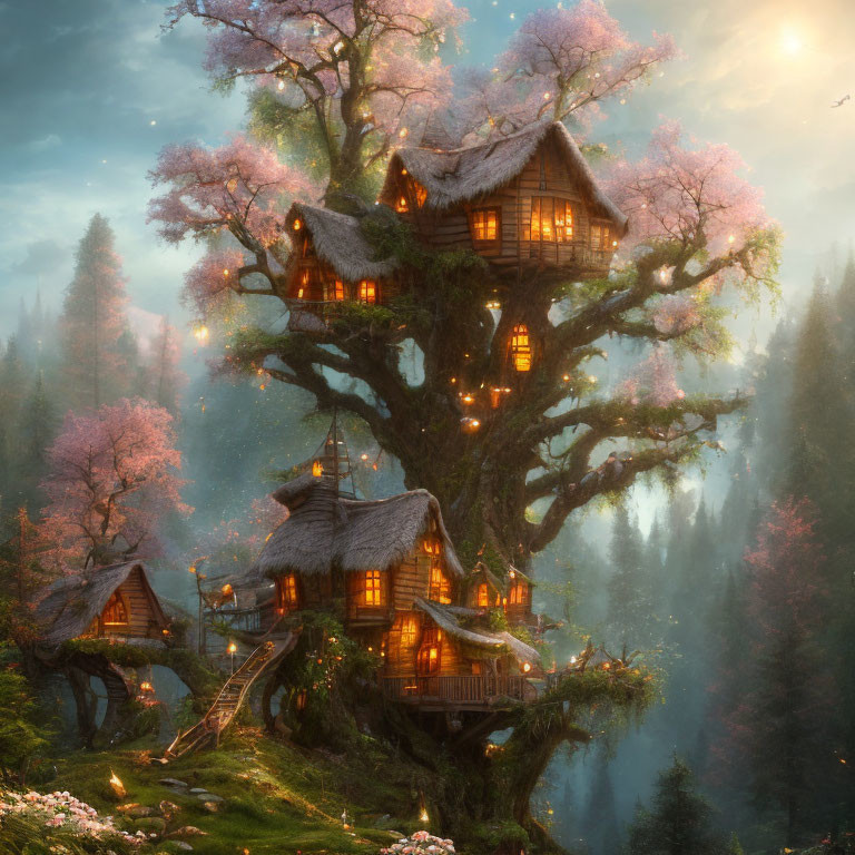 Treehouse with warm lights in blossoming tree in misty forest at twilight