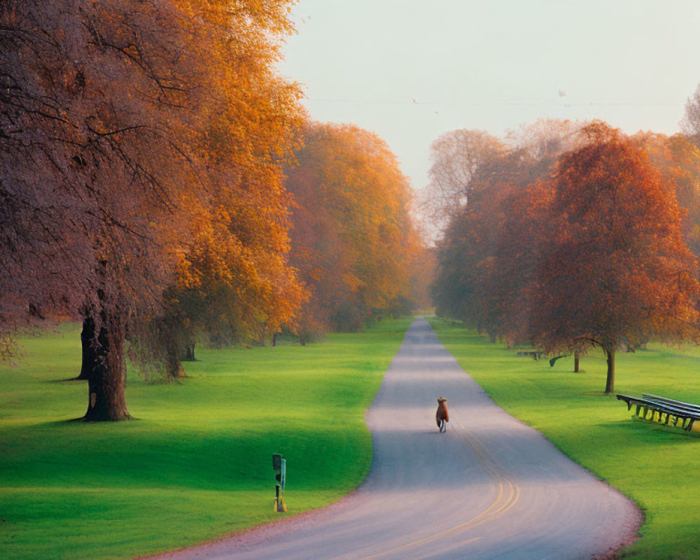 Tranquil autumn scene: Curved road, deer crossing, misty day, vibrant trees,