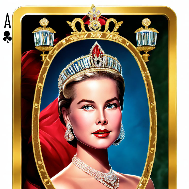 Illustrated Ace of Spades with Woman Portrait and Golden Frame