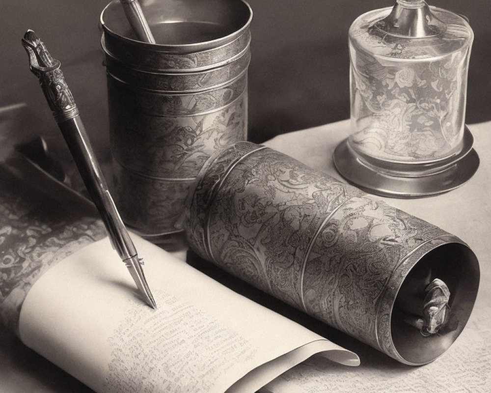 Vintage Monochrome Still Life with Scroll, Quill Pen, Inkwell, and Metal Cup