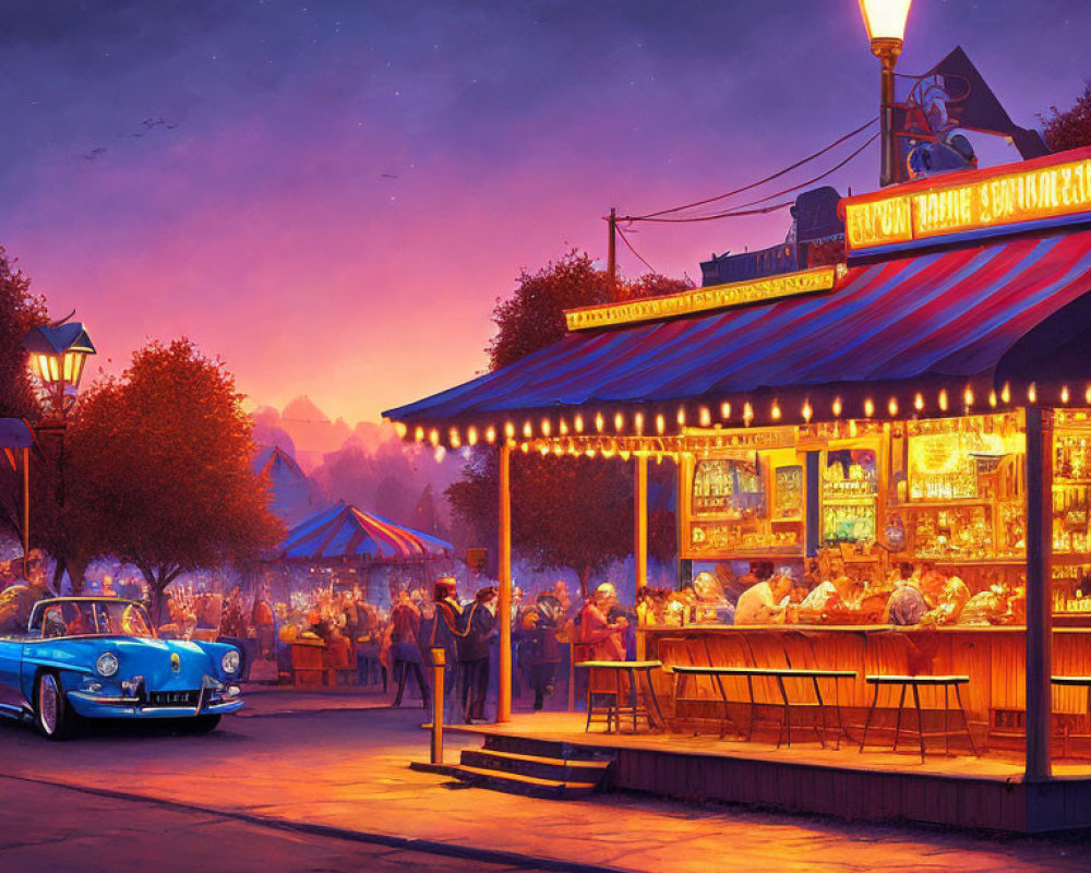 Illustration of bustling evening at diner with classic car and romantic sky