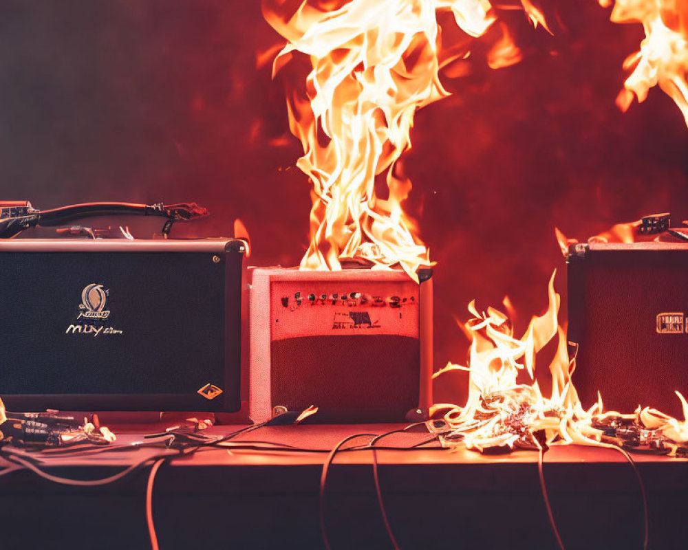 Three Guitar Amplifiers Surrounded by Flames on Red Stage