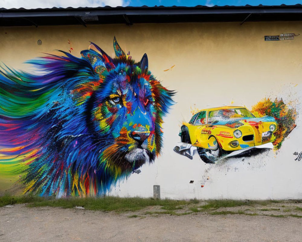 Colorful lion mural beside yellow classic car in splattered paint effect