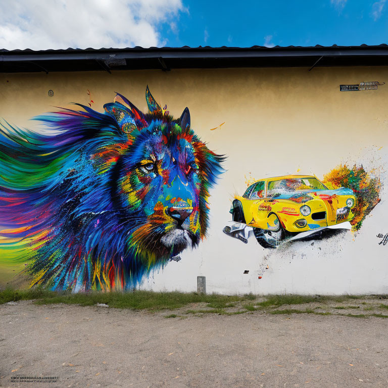 Colorful lion mural beside yellow classic car in splattered paint effect
