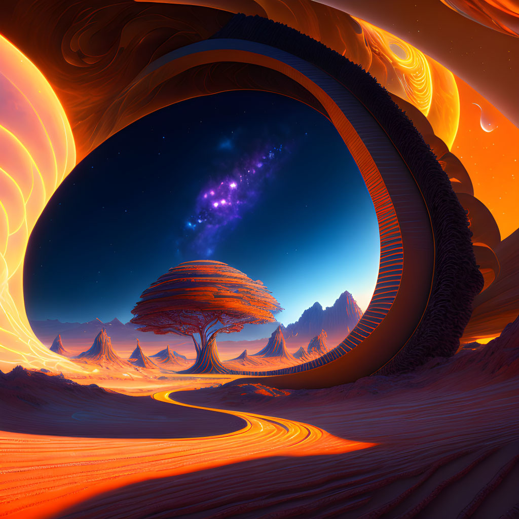 Colorful sci-fi landscape with alien tree, cosmic arch, rivers of light, and starry sky