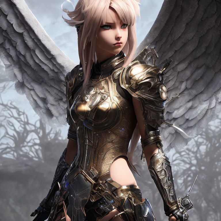 Female warrior with white hair, angelic wings, and golden armor in misty scene