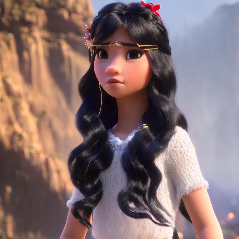 Young girl with long black hair in white top and red headband in woodland setting