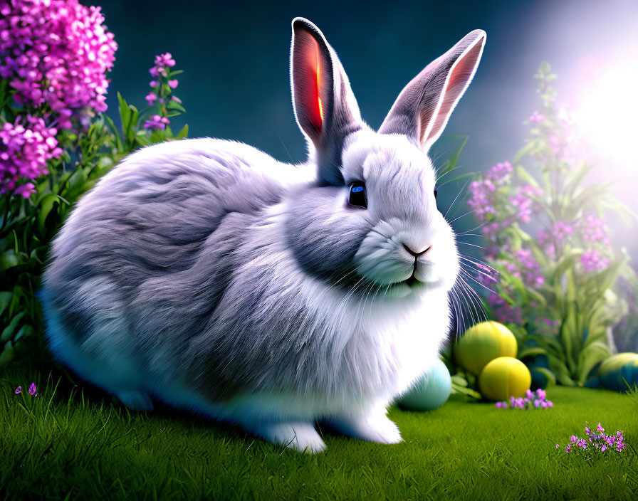 Fluffy Grey Rabbit in Colorful Garden with Pink Flowers