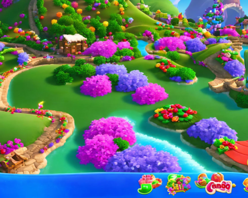 Colorful cartoon-style video game landscape with lush green paths, pink and purple trees, blue river,