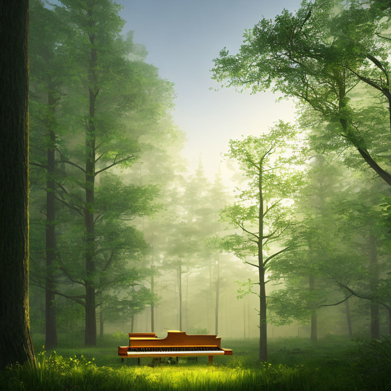 Tranquil forest scene with tall trees, sunlight, and grand piano