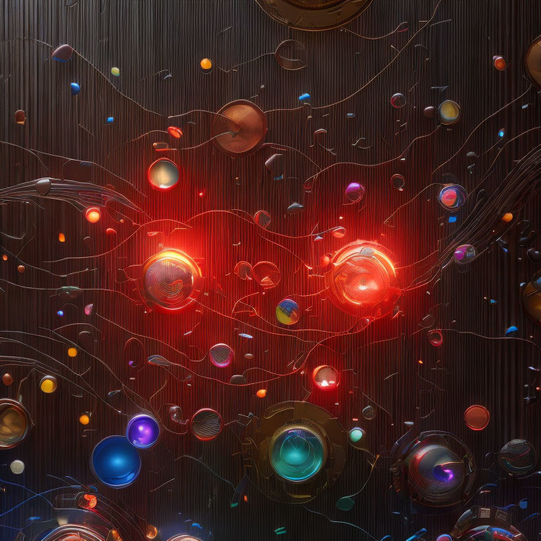 Colorful Glowing Orbs and Circles on Dark Textured Background with Connecting Lines
