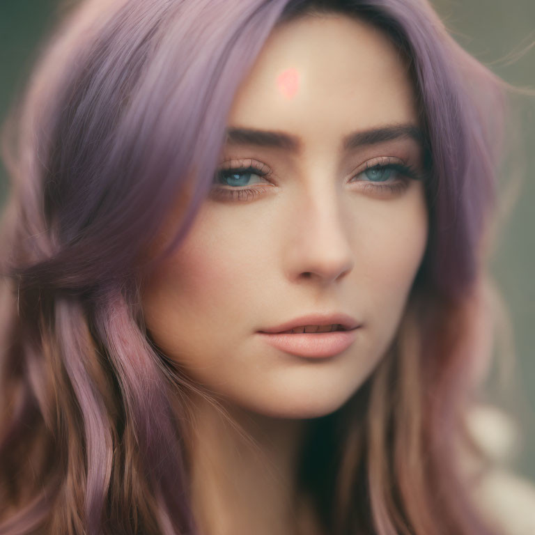 Portrait of woman with lilac hair, deep blue eyes, fair skin, and subtle expression in warm