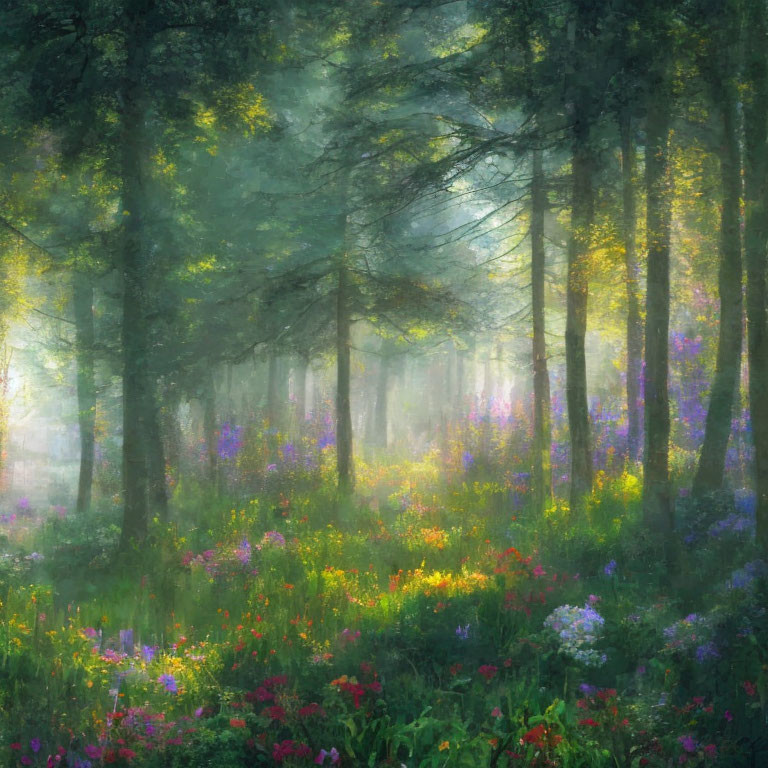 Misty forest with sunlight illuminating wildflowers and trees