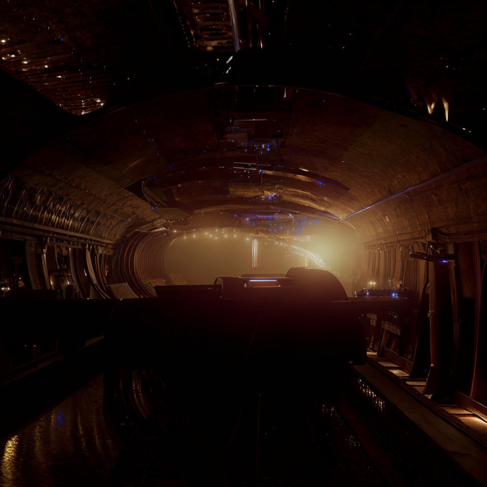 Industrial tunnel with eerie glow, pipes, and curved ceiling.
