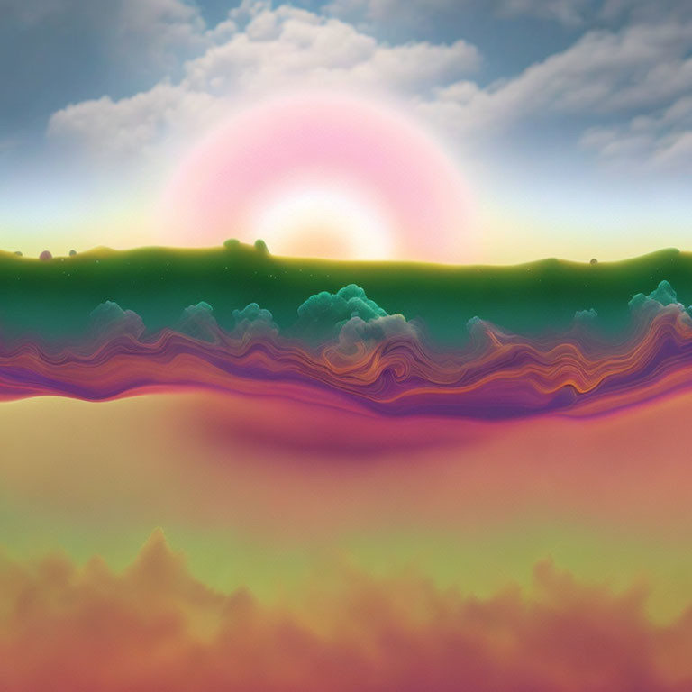 Colorful Surreal Landscape with Wavy Cloud Layers and Bright Sun
