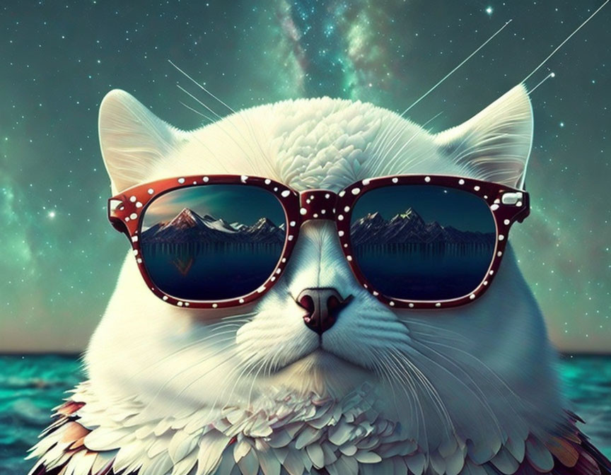 White Cat in Polka-Dotted Sunglasses with Mountain Landscape Reflection