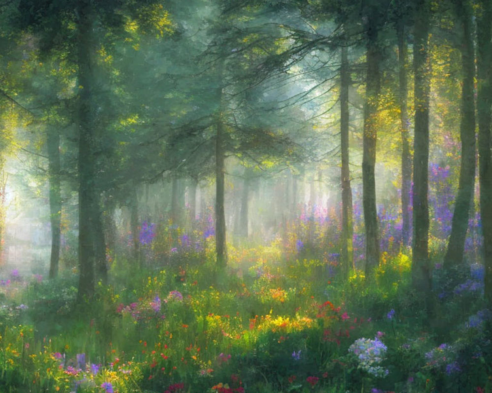 Misty forest with sunlight illuminating wildflowers and trees