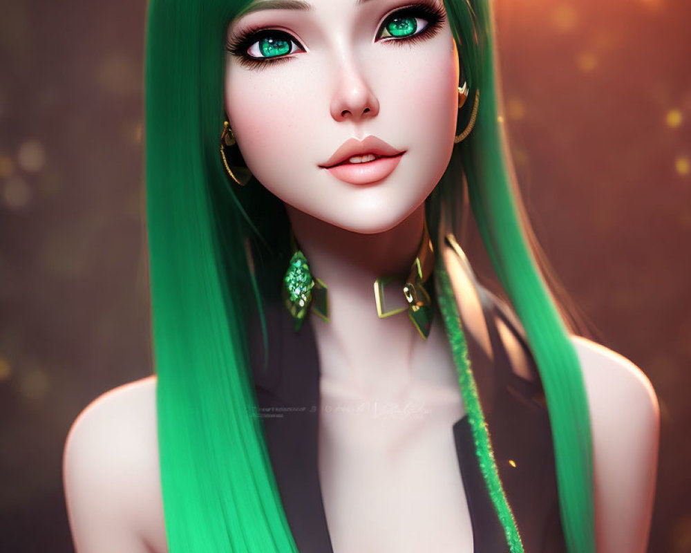 Vibrant digital portrait of a woman with green hair and gold accessories