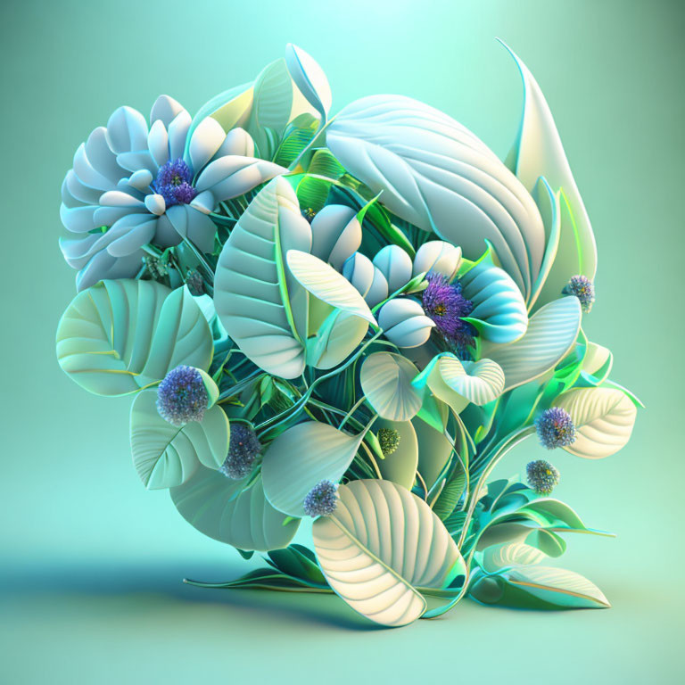 Stylized teal and white botanical digital art on soft green background