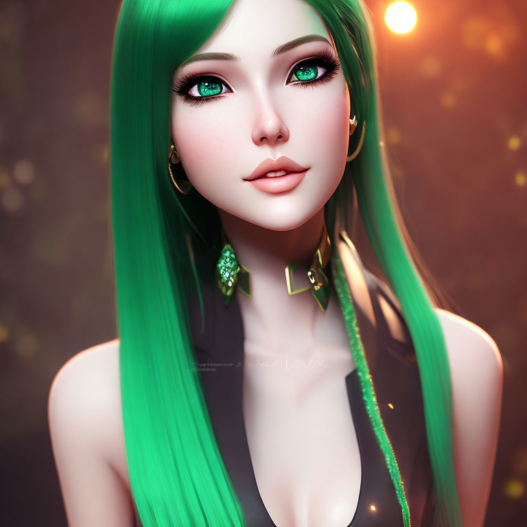 Vibrant digital portrait of a woman with green hair and gold accessories