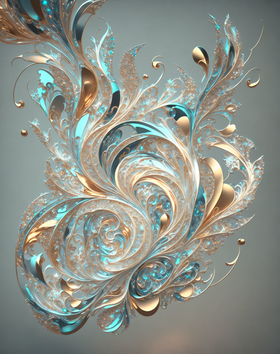Intricate Gold and Blue Fractal Image with Abstract Floral Design