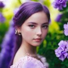 Young woman with purple hair and pink dress in lush hydrangea garden