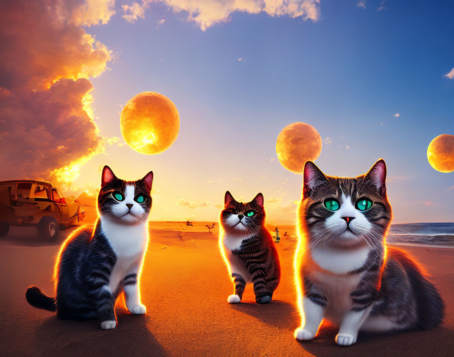 Cartoon Cats Sunset Beach Scene with Multiple Moons and Van
