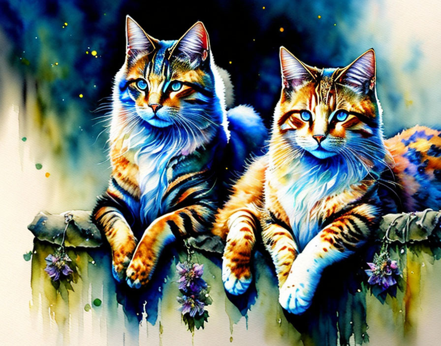 Colorful Cats Sitting on Branch with Watercolor Splashes and Flowers
