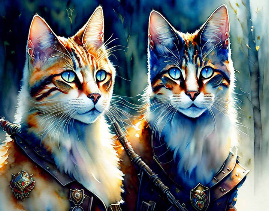 Anthropomorphic cats in medieval armor against snowy forest.