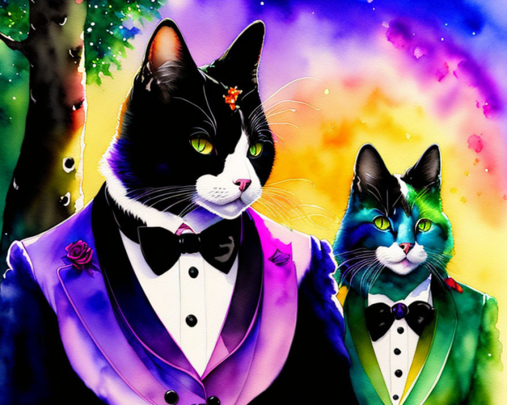 Elegant tuxedo-clad cats on vibrant watercolor backdrop