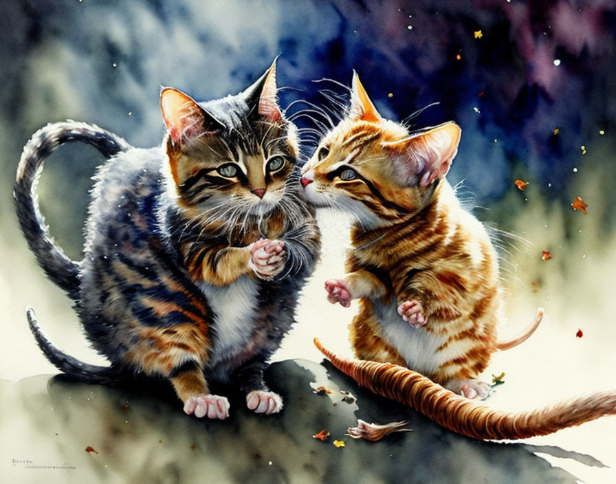 Detailed Fur Pattern Kittens in Dreamy Watercolor Scene