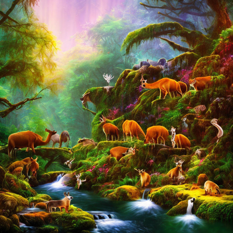 Enchanted forest scene with diverse animals by a stream