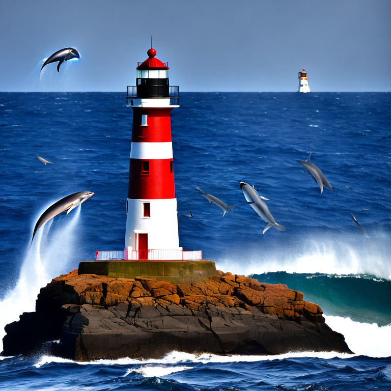 Striped red and white lighthouse on rocky outcrop by the sea with crashing waves and flying birds