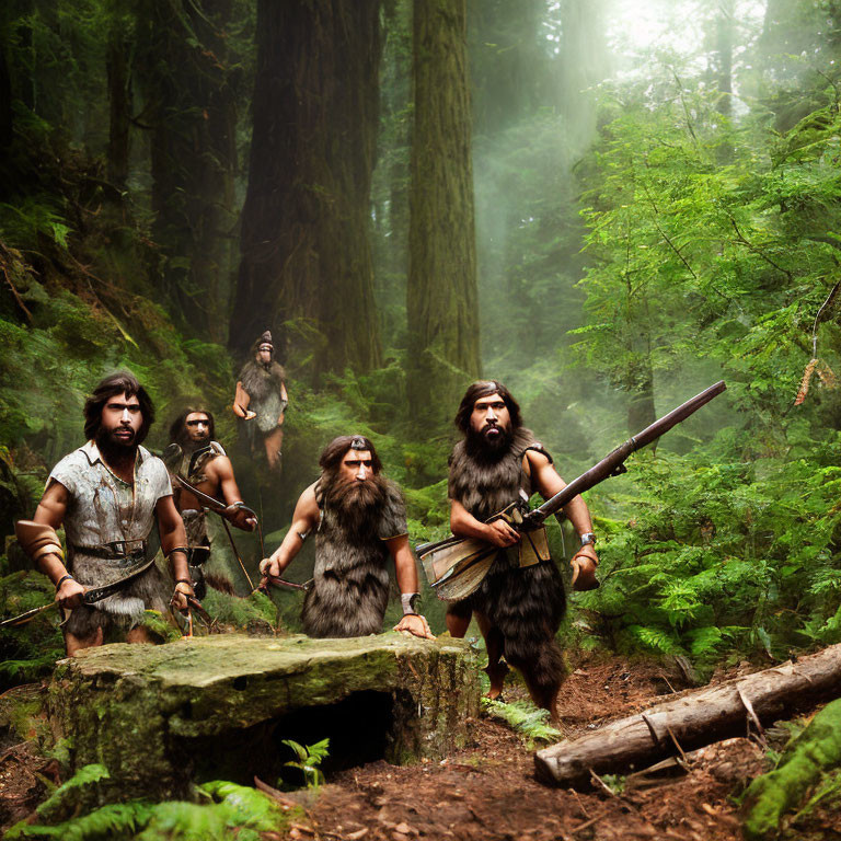 Prehistoric hunters actors with spears in misty forest
