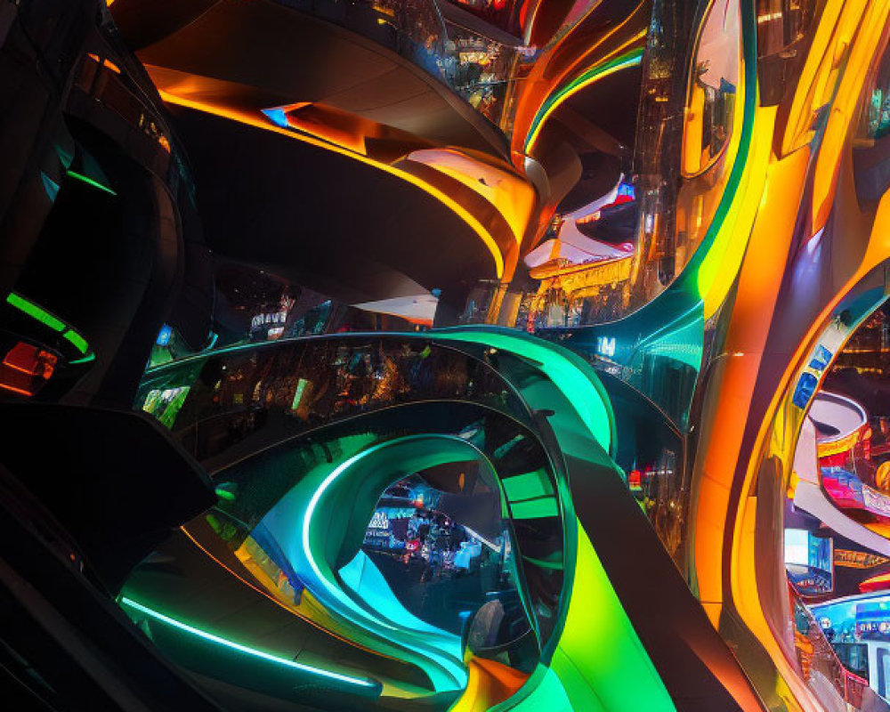 Vibrant neon lights in futuristic mall interior