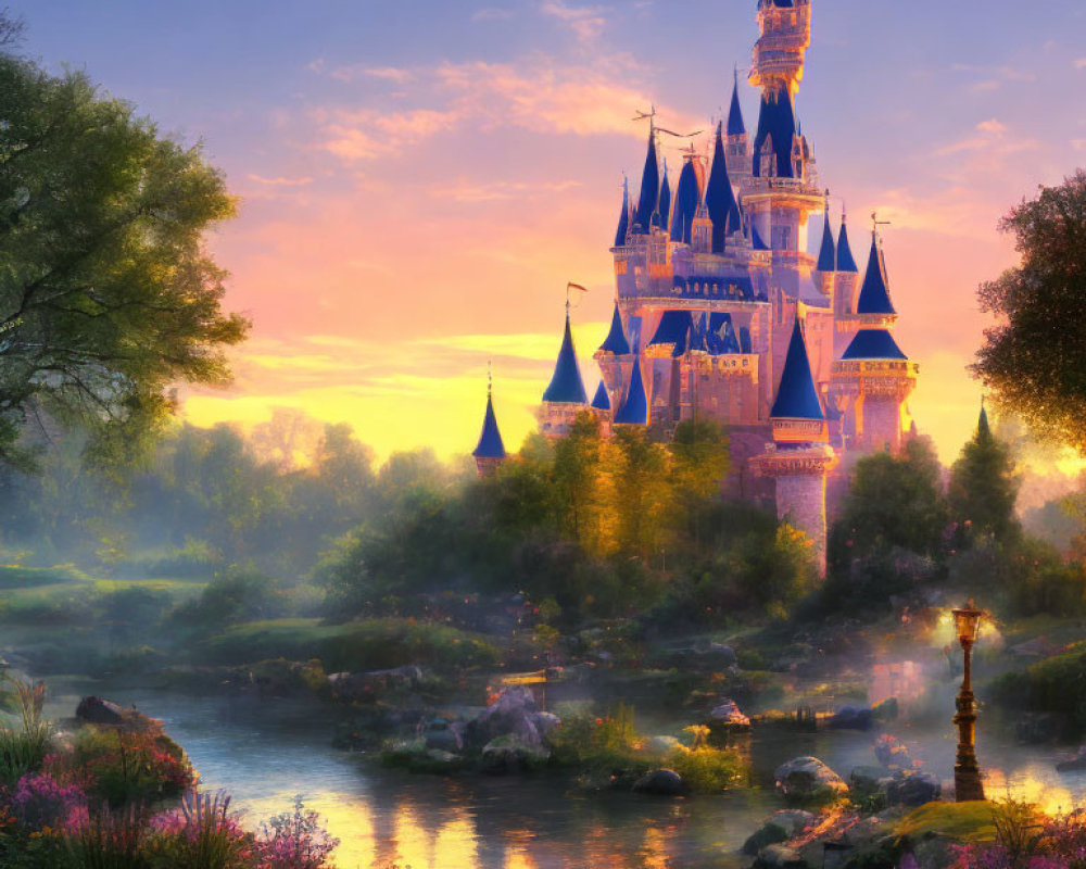 Majestic castle at sunset with vibrant gardens and serene river