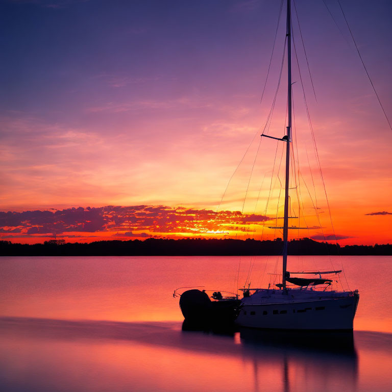 Silhouetted sailboat against vibrant purple, orange, and yellow sunset.