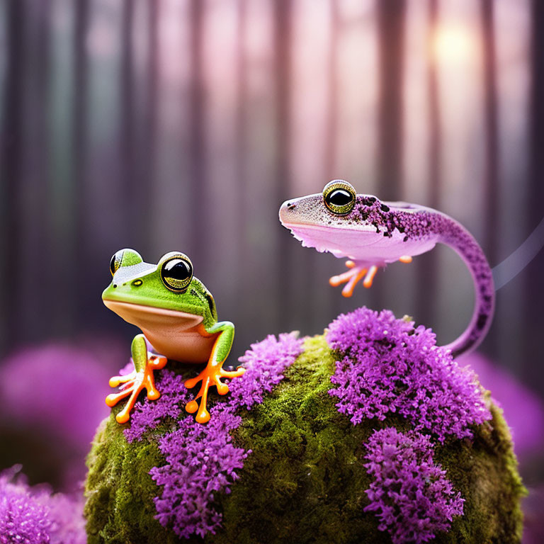 Colorful Frogs on Purple Flowers with Mossy Sphere and Blurred Wooden Background