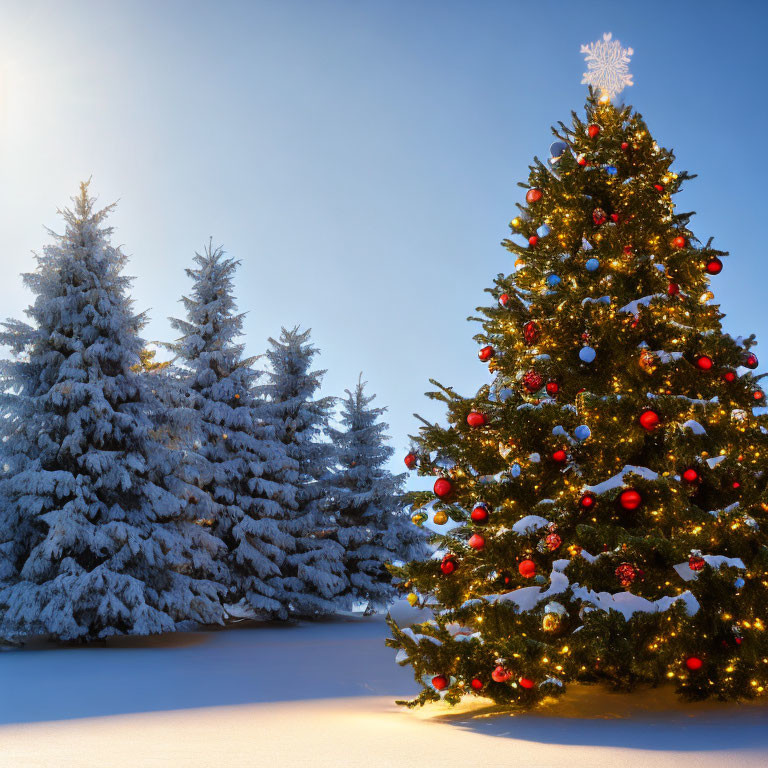 Decorated Christmas tree with lights in snowy forest landscape