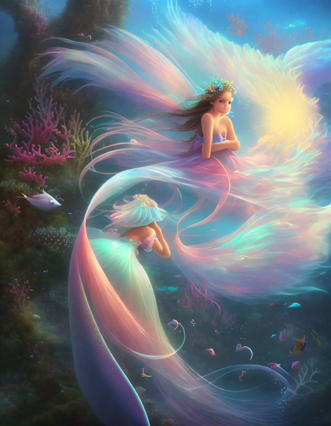 Ethereal mermaids with flowing hair in vibrant underwater scene