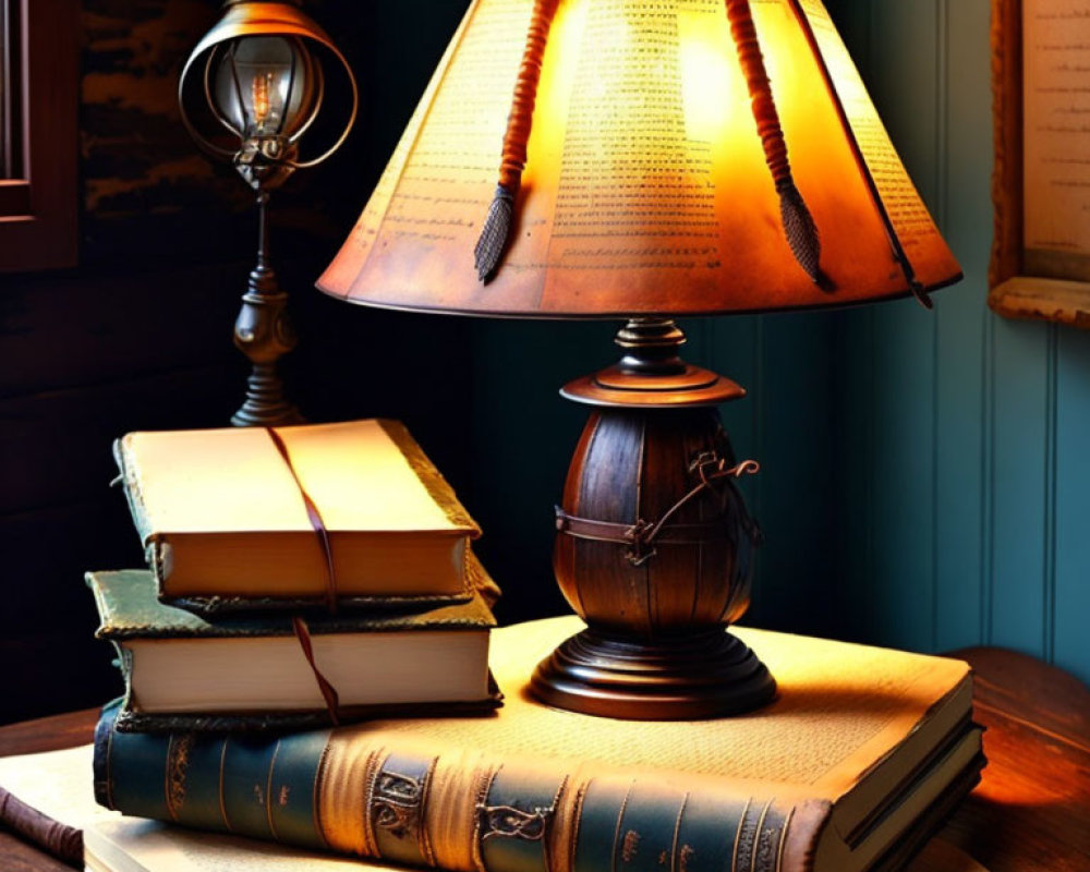 Vintage Table Lamp Lighting Old Hardcover Books in Dark Room