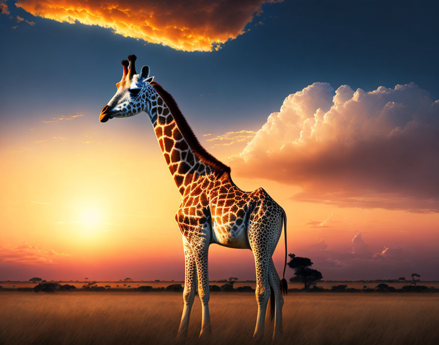 Giraffe in savanna at sunset with dramatic clouds