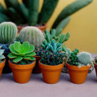 Various Succulents and Cacti in Small Terracotta Pots on Yellow Wall