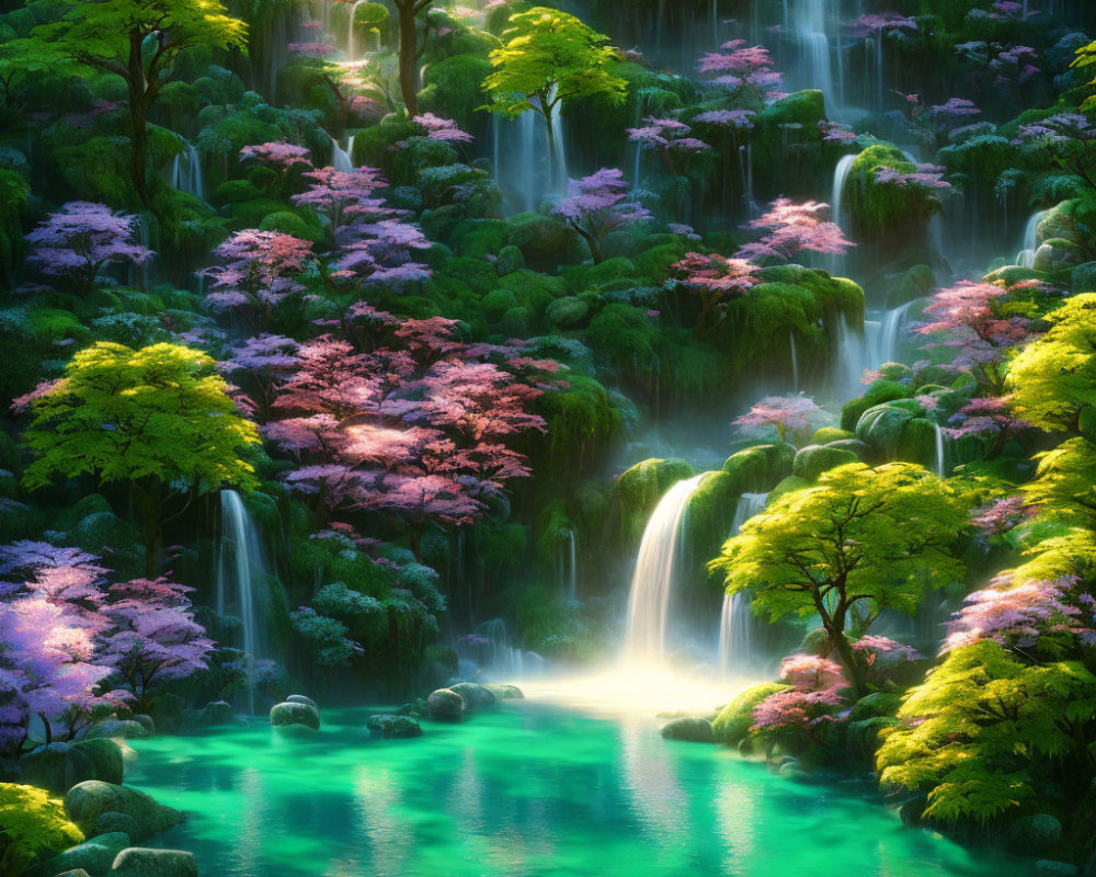 Lush enchanted forest with waterfalls, pink foliage, and turquoise pond