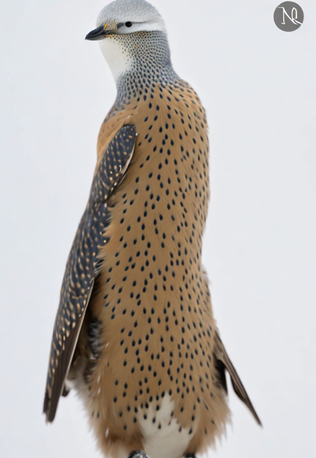 Speckled chest bird with grey head and patterned wings on white background