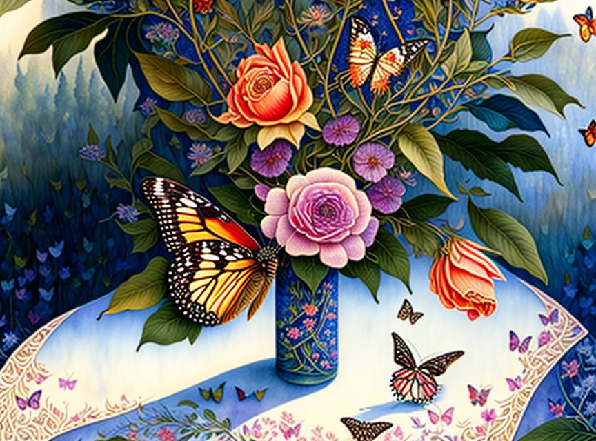 Colorful floral arrangement with butterflies in decorative vase on blue foliage