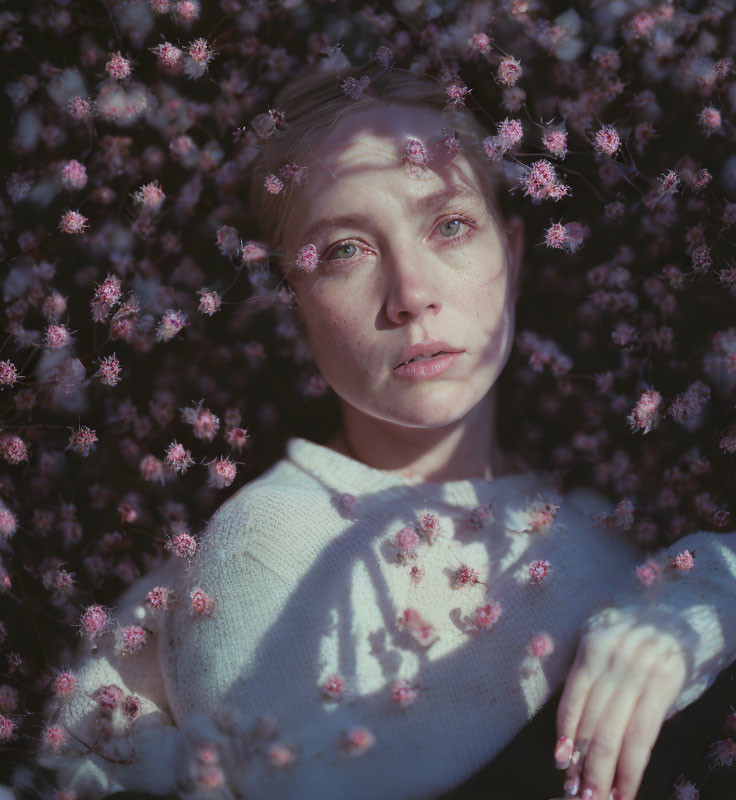Contemplative woman surrounded by pink blossoms in natural light