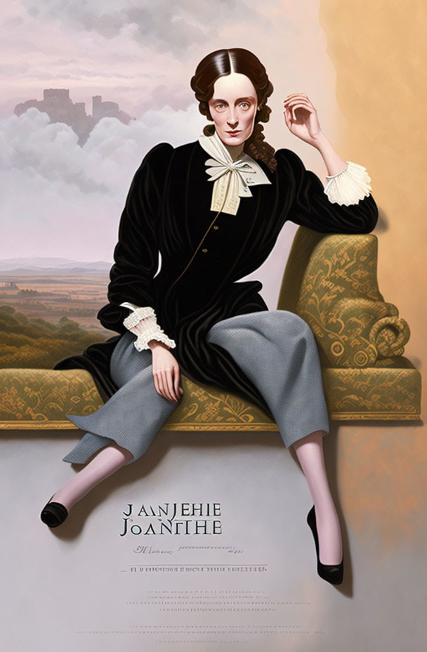 Vintage-inspired illustration of a poised woman in elegant attire on a classic sofa, set against a castle backdrop
